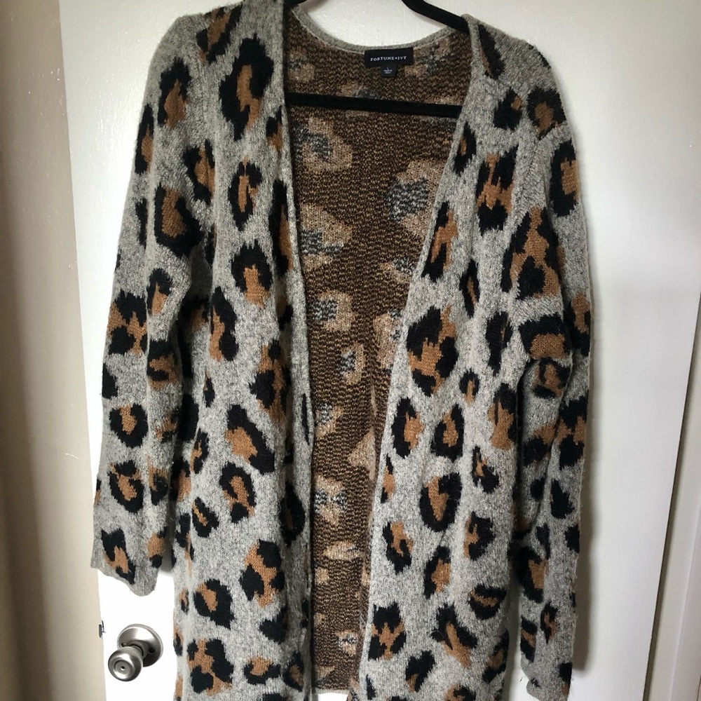 Fortune and Ivy Long Open Grey Leopard Cardigan